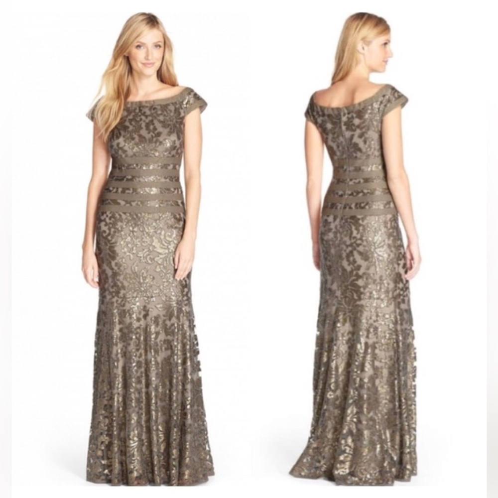 TADASHI SHOJI Elegant Gold Floral Gown - Picture 1 of 13